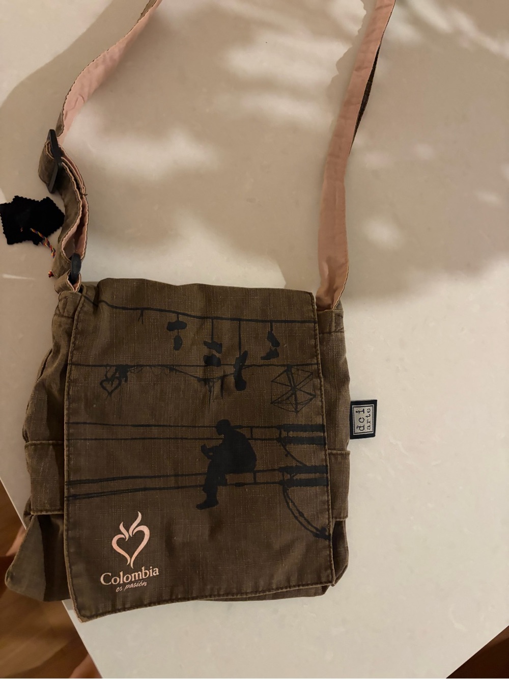 Columbia Olive Green Messenger Bag with Pale Pink Strap
